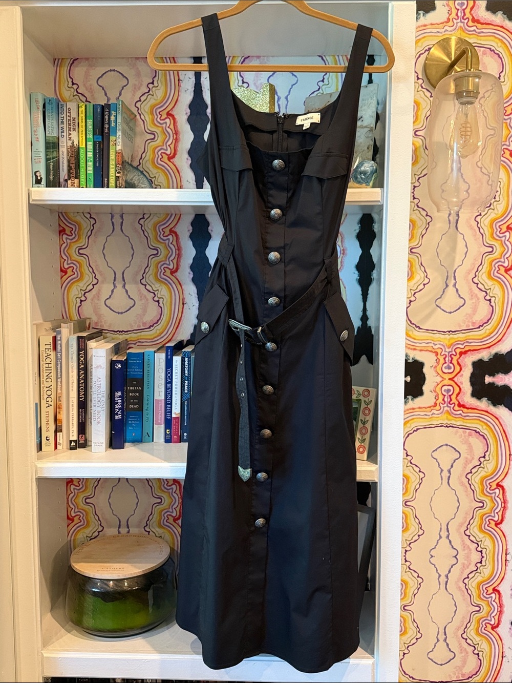L'AGENCE Black Button-Front Midi Dress with Belted Waist